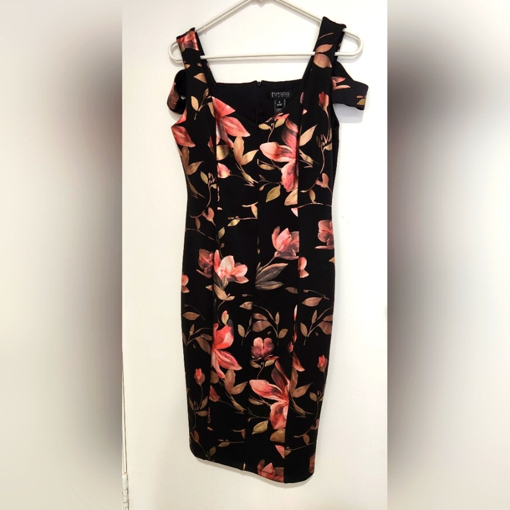 Enfocus Studio dress, black with metallic floral print, size 6